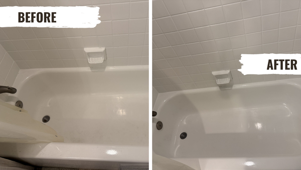 Before and after bathtub cleaning in Phoenix AZ - showing removal of soap scum, hard water stains, and restoration of white porcelain tub surface