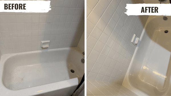 Before and after bathroom deep cleaning in Paradise Valley - professional bathtub cleaning service showing removal of soap scum and water stains from white tub and tile walls