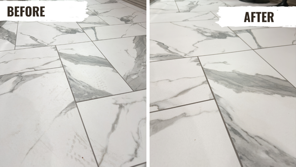 Before and after marble floor cleaning in Phoenix AZ by Phoenix Home Cleaning- showing transformation of dull marble tiles to restored, gleaming finish with enhanced veining patterns