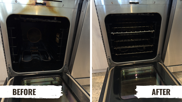 Before and after oven interior cleaning in Scottsdale AZ by Phoenix Home Cleaning - showing removal of grease, grime, and burnt residue by professional house cleaners